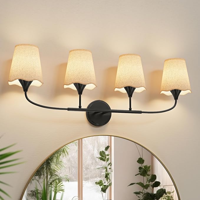 Morauroral Bathroom Light Fixtures Over Mirror, 4 Light Vanity Light for Bathroom, Black Vanity Light Fixtures with Fabric Linen Shade, E26 Socket Sconce Wall Decor(ETL Listed)