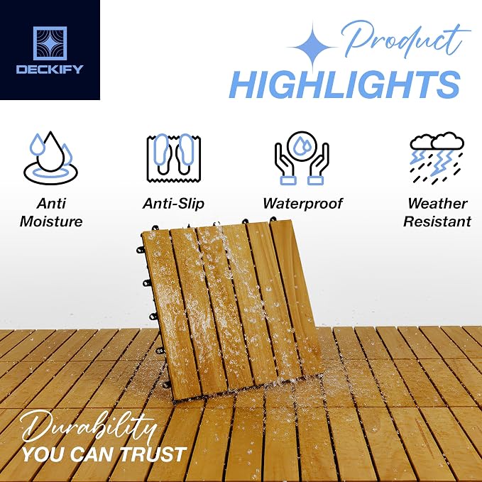 Acacia Interlocking Deck Tiles Outdoor Waterproof, Golden Teak Striped | Natural Acacia Wood, Raised Base Drainage, Non-Slip Grip, 490 lb Capacity, Oil-Rubbed Finish,Easy Clean,Tool-Free