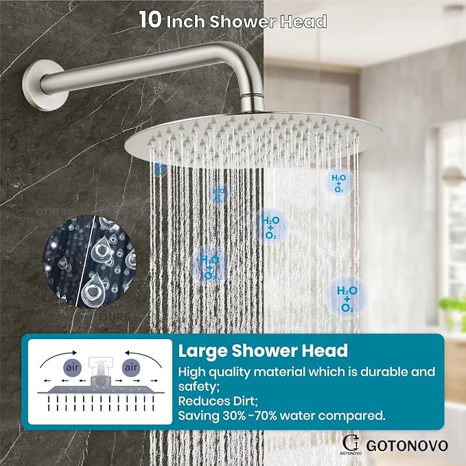 gotonovo High Pressure Shower System Valve and Trim Kit,Brushed Nickel | Round Rain 10 Inch Shower Head with Handheld Faucet Set Complete,Rough In Valve,2-in-1 Diverter,All Metal,Bathroom Wall Mount
