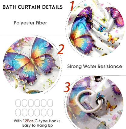 Chrainy 4pcs Colorful Butterfly Shower Cutain Set Bathroom Decor with Rugs | Bath Accessories with Waterproof Curtain, Bath Mat, Toilet Lid Cover, U-Shaped Rug and 12 Hooks for Washroom, 71*71in