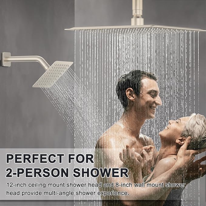 Iriber Thermostatic Shower System with Adjustable Water Flow Push Button Diverter, Square Dual Shower Heads Faucet Set with Handheld Spray, Brushed Nickel Shower Mixer Valve Trim Kit (Valve Included)
