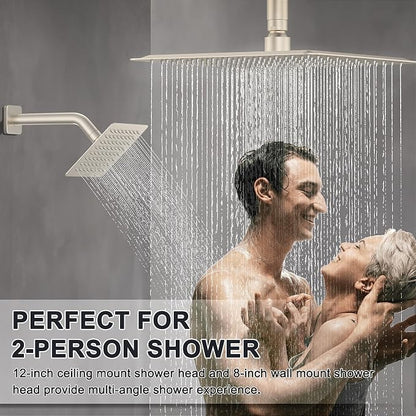Iriber Thermostatic Shower System with Adjustable Water Flow Push Button Diverter, Square Dual Shower Heads Faucet Set with Handheld Spray, Brushed Nickel Shower Mixer Valve Trim Kit (Valve Included)