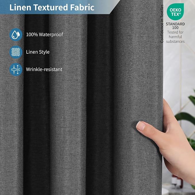 Extra Long Fabric Shower Curtain,No Liner Needed,72x96,CharcoalGrey | 2-in-1 Design,Linen Textured,100% Waterproof TPU-Laminated Backing,Magnetic Weighted,Machine Washable,For Bathroom,Hotel