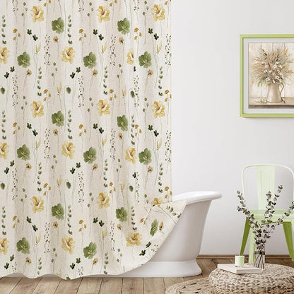 OliveGreen Linen Watercolor Floral Fabric Shower Curtain, 72x72 | Linen Fabric, Modern Minimalist Floral Print, Machine Washable, Rustproof Grommets, for Bathroom Home