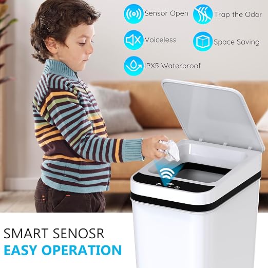 Bathroom Small Trash Can with Lid, Automatic Garbage Can, 2.6 Gallon | 3 Pack Touchless Slim Waterproof Motion Sensor Smart Trash Bin for Bedroom, Office, Living Room-White