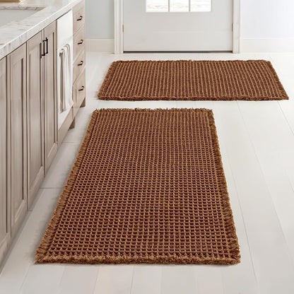 MIULEE Set of 2 Waffle Bathroom Rugs Boho Bath Mat Caramel 24x36 Inch | Non Slip, Super Absorbent, Washable, Ultra Soft, Rubber Backed, Large Bath Rugs for Bathroom Floor Tub Shower