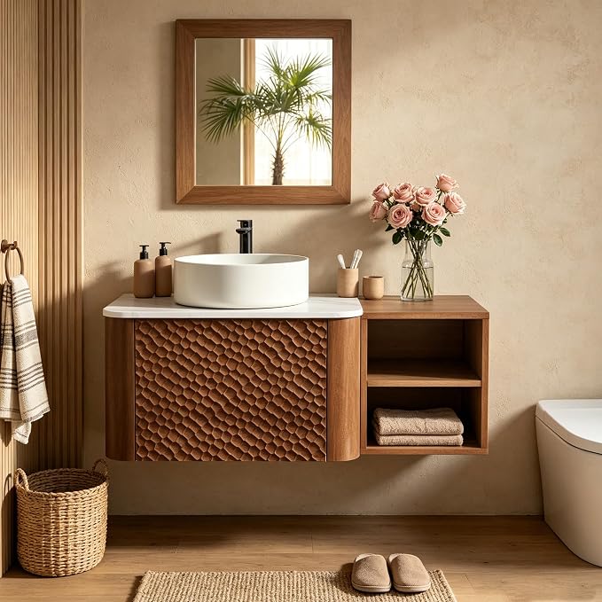 36 Inch Modern Bathroom Vanity with Ceramic Sink, Floating Bathroom Sink Cabinet with Sintered Stone Top&Solid Wood Hammered Frame, Single Bathroom Vanities w/Soft-Close Drawer&Side Open Cube