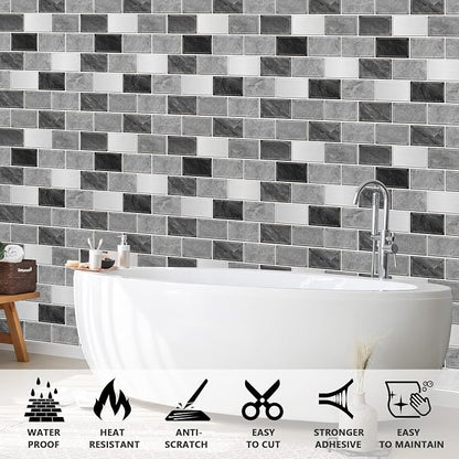 URCOLOR 10-Sheet Subway Tile Peel and Stick Backsplash for Kitchen,12"x12" Self Adhesive Wall Tiles Sticker on Back Splashes for Bathroom Gray Marble Design