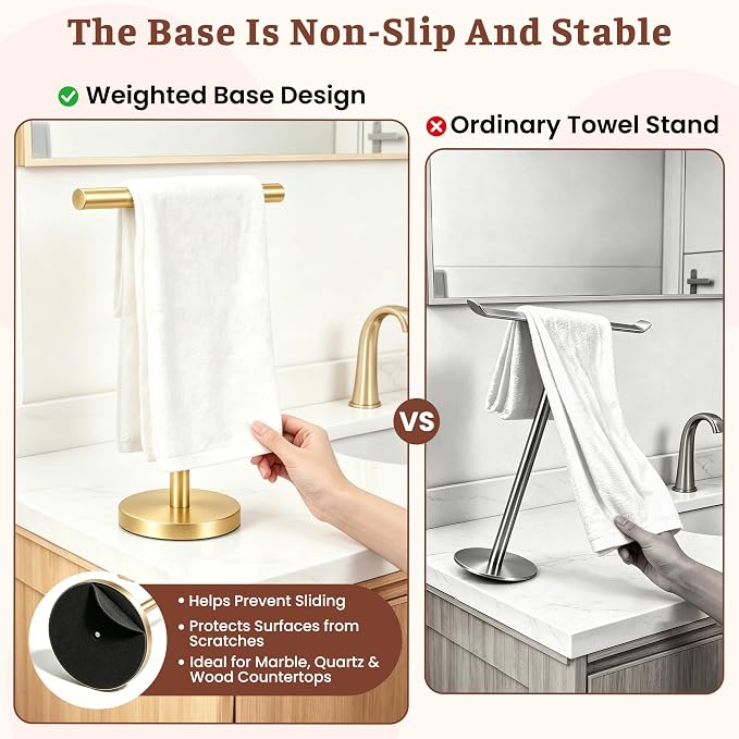 T-Shape Bath Hand Towel Holder Standing (Golden -2 Pack) | Weighted Stainless Steel Base Helps Prevent Tipping While The Open T-Shape Keeps Towels Dry on Bathroom Countertops