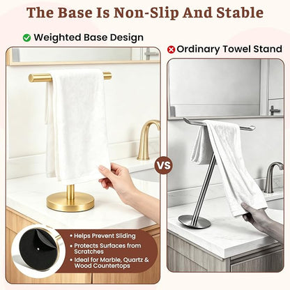 T-Shape Bath Hand Towel Holder Standing (Golden -1 Pack) | Weighted Stainless Steel Base Helps Prevent Tipping While The Open T-Shape Keeps Towels Dry on Bathroom Countertops
