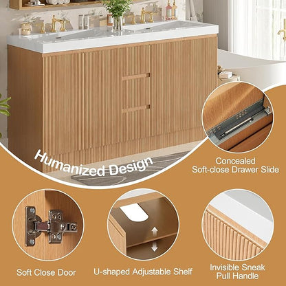 60 Inch Double Bathroom Vanity with SMC Resin Sink, Wood | 3 Drawers & 4 Soft-Close Doors, 1.9-inch Countertop,Multilayer Plywood, Brushed Nickel Hardware for Hotels, Apartments