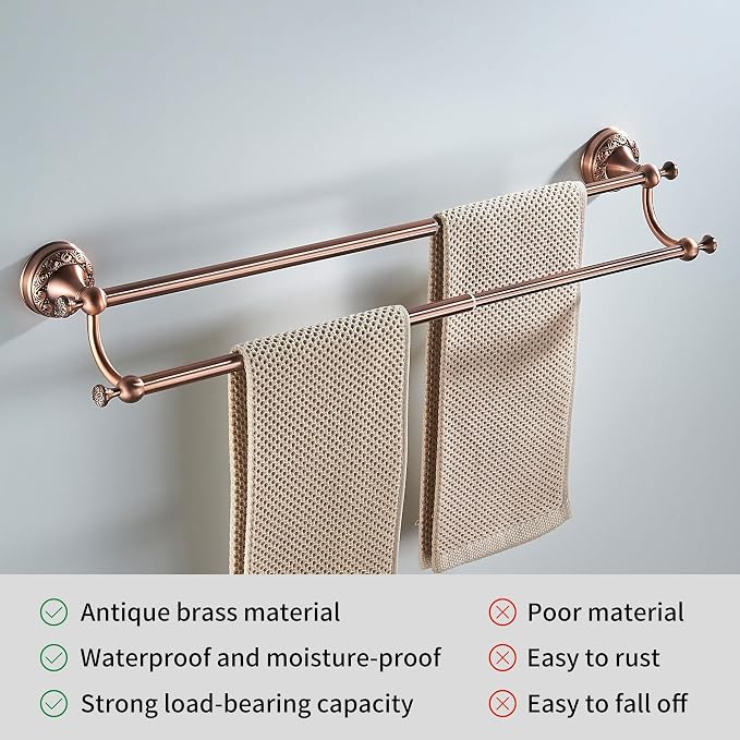 Red Copper Double Towel Bar, Adjustable 15.5 to 27.5 Inch Bath Towel Rack for Bathroom Towel Holder, Wall Mounted Black Bathroom Hardware Accessories,Pattern Carving Design