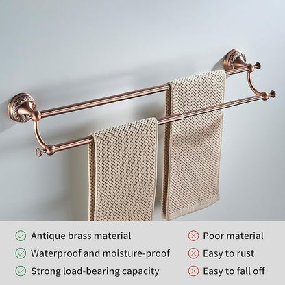 Red Copper Double Towel Bar, Adjustable 15.5 to 27.5 Inch Bath Towel Rack for Bathroom Towel Holder, Wall Mounted Black Bathroom Hardware Accessories,Pattern Carving Design