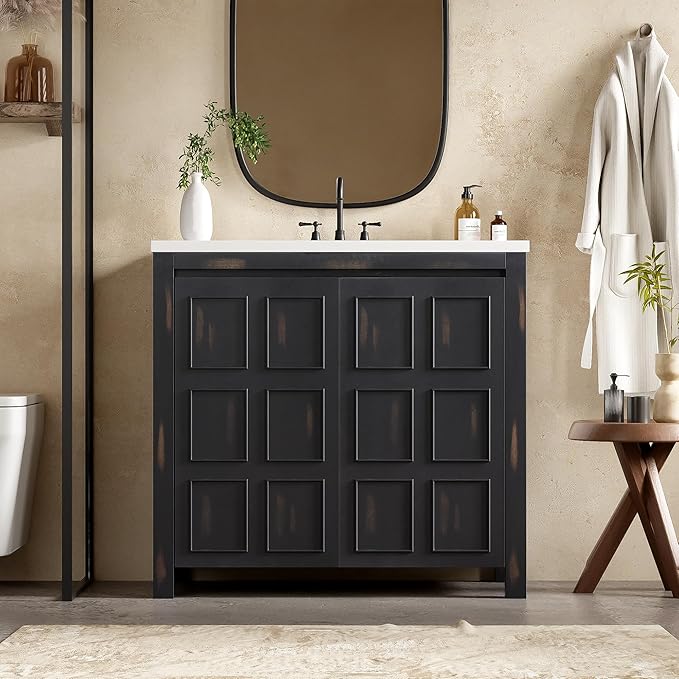 LUMISOL 36" Bathroom Vanity with Sink, Modern Bathroom Vanity with 2 Doors, Adjustable Shelf, Freestanding Bathroom Storage Cabinet with Ceramic Sink, Espresso