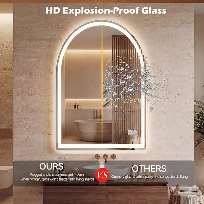 DUMOS 28"×36" LED Bathroom Mirror with Lights, Arched Vanity Mirror with Anti-Fog, Dimmable, 3-Color Light, Memory Function, Tempered Glass