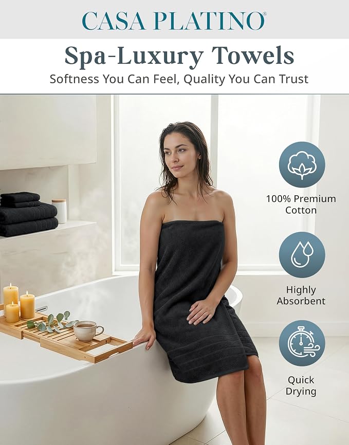 Casa Platino Towel Set Soft Absorbent Quick Dry 100% Cotton - Black | Towels And Washcloths Sets - Lightweight & Breathable, Fade-Resistant Color, Classic Terry Weave, Densely Woven