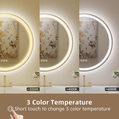 LOVESPEJO 24" Round LED Bathroom Mirror with Lights, Circle LED Mirror for Bathroom, Fogless, Dimmable, 3 Color Changing, IP54, Shatterproof