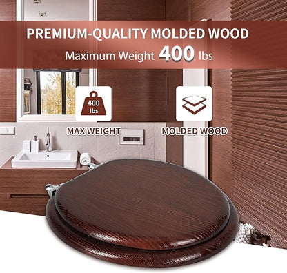 Angel Shield Durable Wood Veneer Natural Toilet Seat Metal Hinged Easy Clean Anti-scratch American Standard(Round,Dark Walnut)