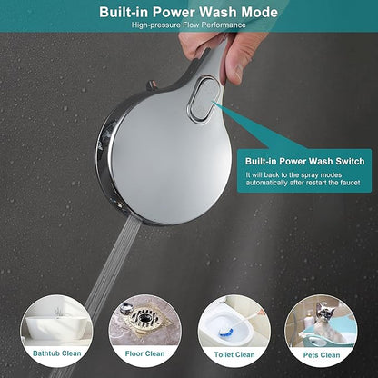 GwernKB Handheld Shower Head with ON OFF Switch & 79in Stainless Steel Hose | Built-in Power Spray,7-Setting High Pressure Spray with Bracket & Extra No Drilling Wall Shower Holder for Lower Mount,Silver