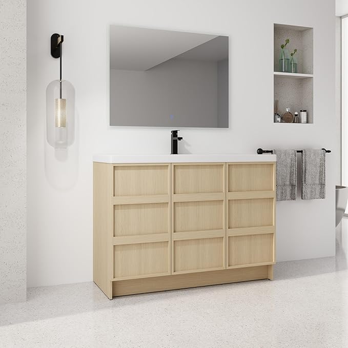 SSLine 42-Inch Bathroom Vanity with Sink Mid-Century Bathroom Vanities with Top Basin Floor Wood Bathroom Sink Cabinet with Soft-Close Doors & Adjustable Storage Shelves (Oak)