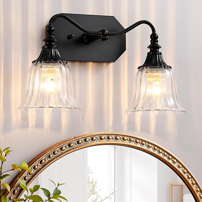 Bathroom Vanity Light Fixture, 2 Lights Bathroom Lighting Matte Antique Brass Finish with Crystal Glass Shade, Vintage Vanity Light for Bathrooms