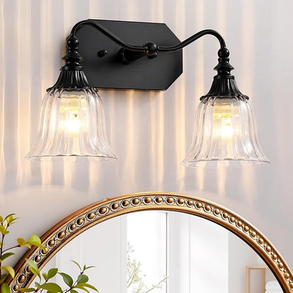 Bathroom Vanity Light Fixture, 2 Lights Bathroom Lighting Matte Antique Brass Finish with Crystal Glass Shade, Vintage Vanity Light for Bathrooms