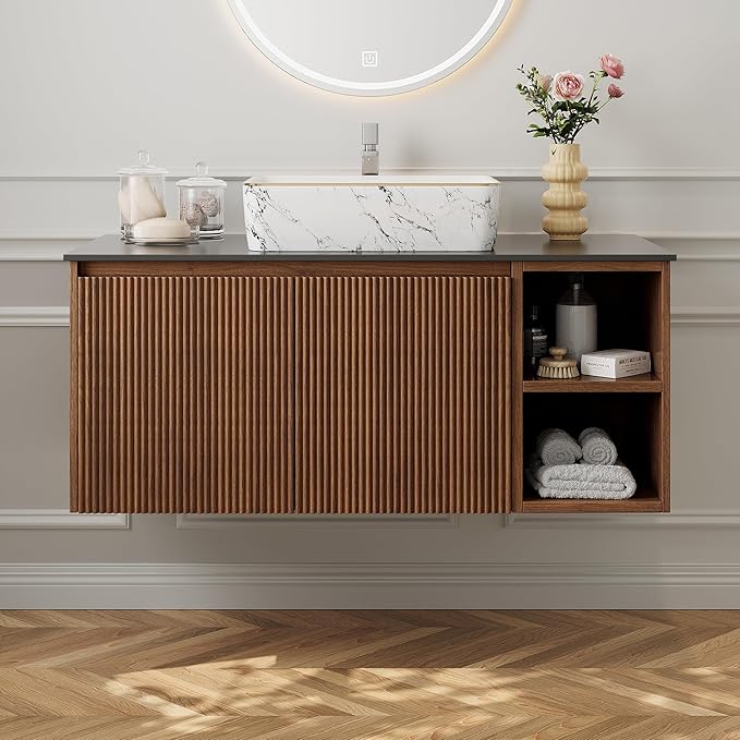 36" Modern Floating Bathroom Vanity with Single Sink - Wall Mounted Storage Bathroom Cabinet with Black Sintered Stone Countertop| Large Storage Space & Open Shelves, Dark Wood
