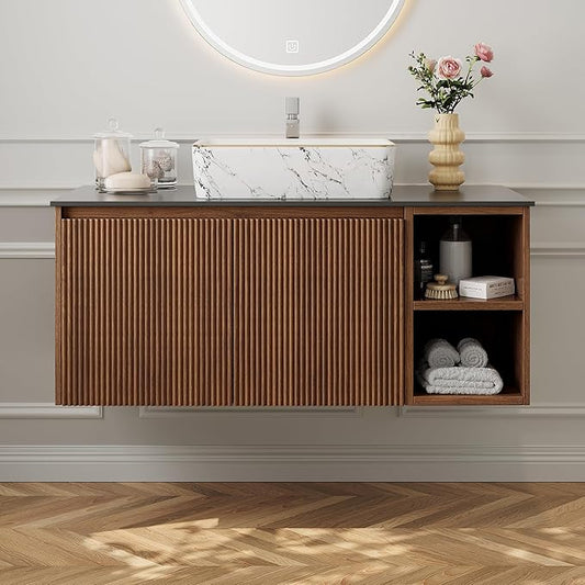 36" Modern Floating Bathroom Vanity with Single Sink - Wall Mounted Storage Bathroom Cabinet with Black Sintered Stone Countertop| Large Storage Space & Open Shelves, Dark Wood