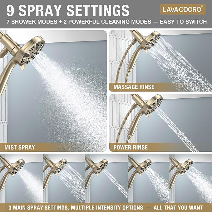 Handheld Shower Head with Magnetic Docking System | 10-Function High Pressure Detachable Shower Head, 5-inch Showerhead with 72 Inch Hose, Champagne Gold, SH180-CB