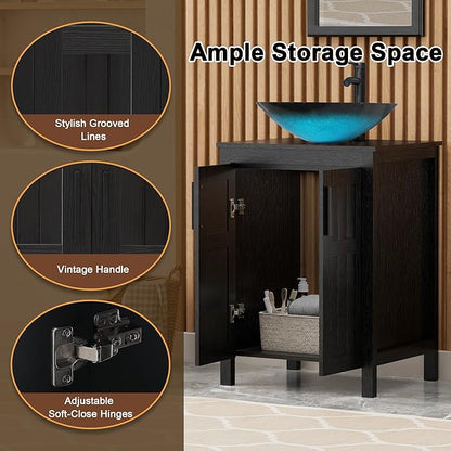 UEV Black 24" Bathroom Vanity with Sink Combo,Modern Vanity with Vessel Sink,Stylish Bathroom Vanity Cabinet,Grooved Doors & Metal Handles,Modern Square Ocean Blue Tempered Glass Vessel Sink(A10)