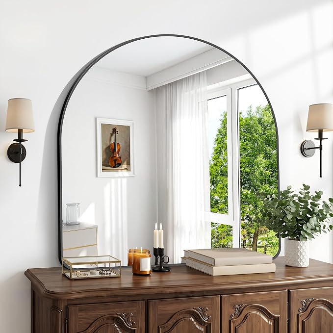 BONEWEI Arched Wall Mirror,42x42 inch Black Arched Mirror Bathroom,Large Vanity Mirror for Over Sink Metal Frame,Tempered Glass Arch Mirrors for Bedroom,Entryway,Living Room,Home Decor Shatter-Proof