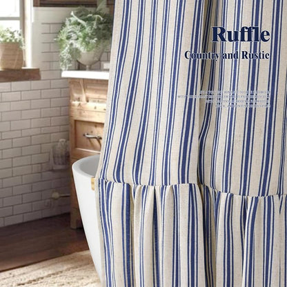 Farmhouse Shower Curtain Ruffle Linen Cream-Blue Stripe 72"W x 84"L | Farmhouse Boho, Striped, Bottom Ruffle, Linen Fabric, Rustic, Country, Natural Look, Washable, for Bathroom Bathtub