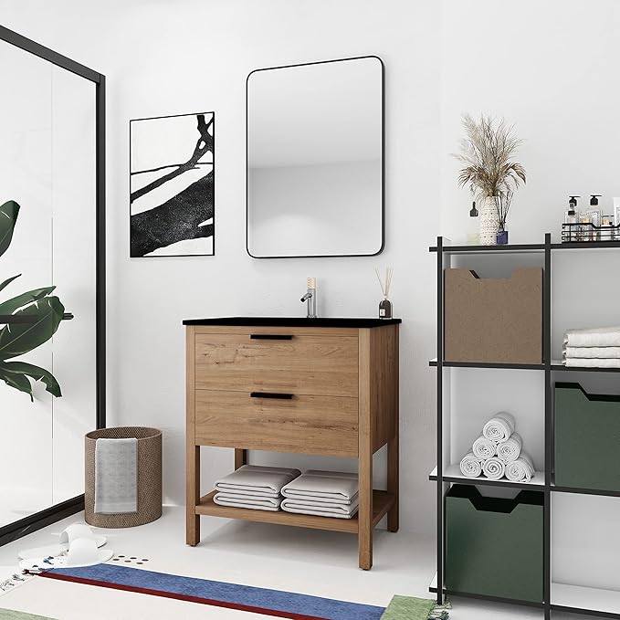 30'' Freestanding Bathroom Vanity, 30 Inch Floor Stand Bathroom Vanity with Sink, Single Black Sink Cabinet Set, Modern Storage Cabinet, with Soft Closing Drawers, 01030IMO+9075BK