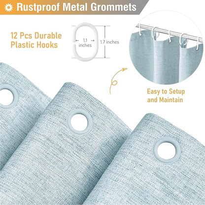 BTTN Fog Blue Shower Curtain - Linen-Look Heavy Duty Waterproof Cloth Shower Curtain Set with 12 Plastic Hooks, Hotel Spa Luxury Simple Decorative Thick Fabric Shower Curtains for Bathroom - 72x72
