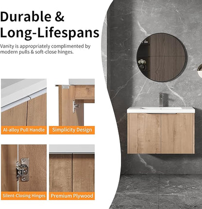 24 Inch Bathroom Vanity with Sink, Modern Wall Mount Floating Bathroom Vanity Set, Brown Vanity, Ceramic Sink and Soft Close Door