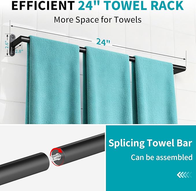 KLJKPA 2-Pack Towel Bar for Bathroom, 24 Inch Towel Rack, Matte Black | Heavy Duty Single Towel Rod, Space-Saving Hand Towel Holder, Toilet Kitchen Towel Storage, Rustproof, Stainless Steel