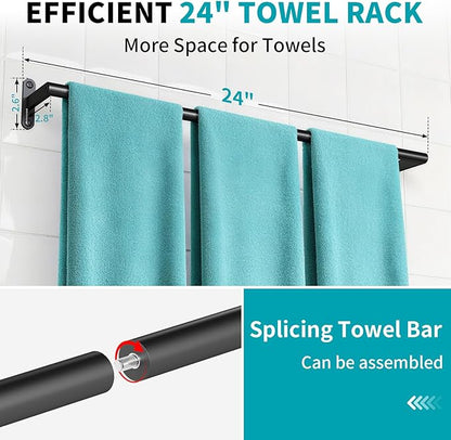 KLJKPA 2-Pack Towel Bar for Bathroom, 24 Inch Towel Rack, Matte Black | Heavy Duty Single Towel Rod, Space-Saving Hand Towel Holder, Toilet Kitchen Towel Storage, Rustproof, Stainless Steel