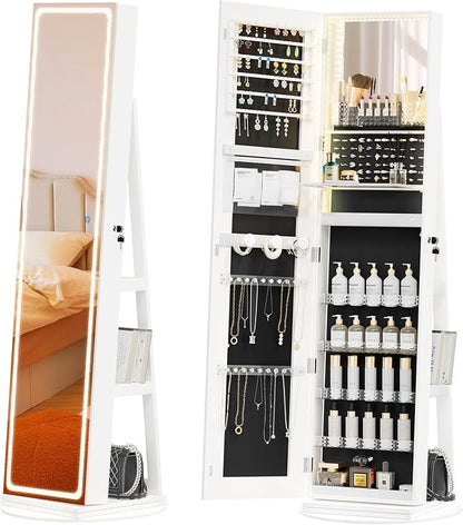 Mirror Jewelry Cabinet Standing, Jewelry Armoire | with Full-Length LED Mirror and Adjustable Lights, 360° Swivel Jewelry Organizer Storage