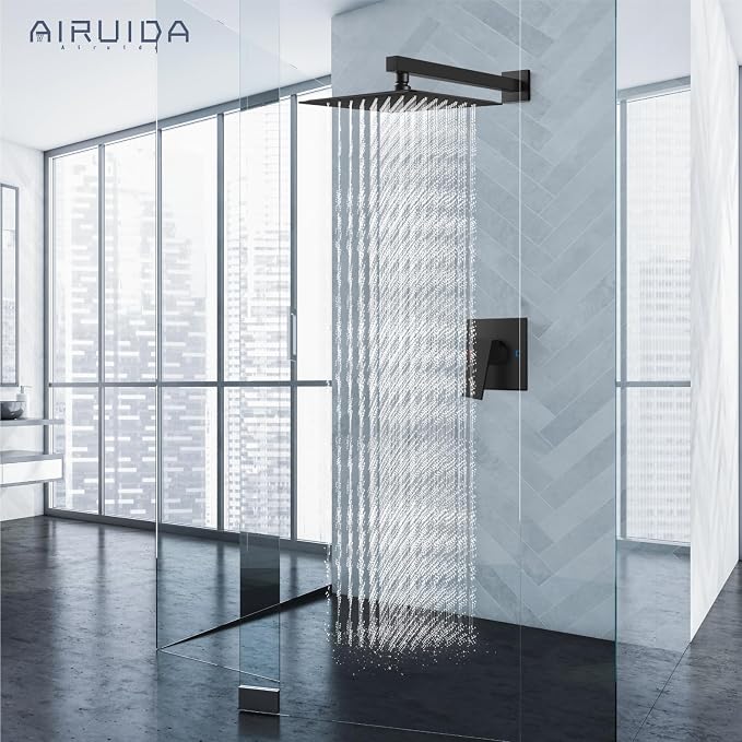 Airuida 12 Inch Matte Black Shower Faucet Set,Shower Valve Kit | Rainfall Shower Head and Handle Set,Female Thread Rough-in Valve Shower Kit,Single Function Shower System