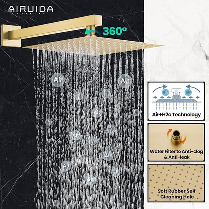 Airuida Shower Faucet Set,10 Inch Shower Valve Kit,Brushed Gold | Male Threads,Rough-in Valve Shower Trim Kit,Single Handle Control Shower Set
