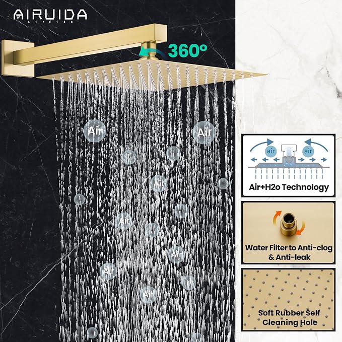 Airuida Shower Faucet Set,12 Inch Shower Valve Kit,Brushed Gold | Male Threads,Rough-in Valve Shower Trim Kit,Single Handle Control Shower Set