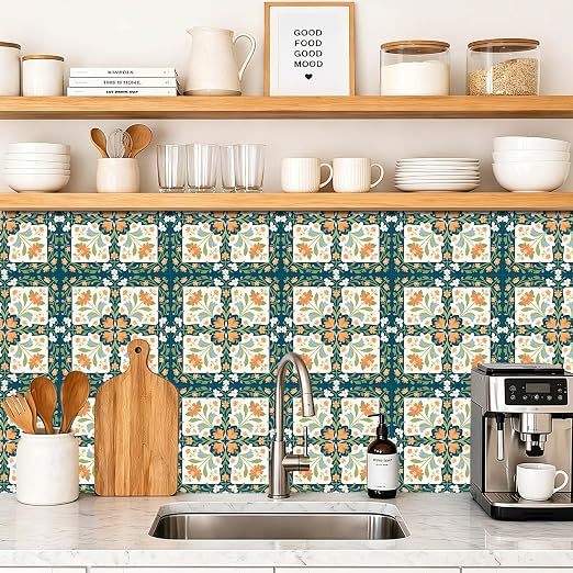 Teal Orange Floral Peel and Stick Floor Tiles 12x12 Inch 10PCS | Teal orange cream floral geometric pattern vinyl floor stickers for kitchen bathroom entryway and indoor home decor