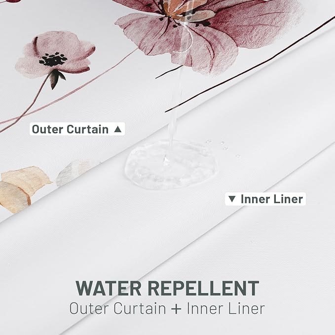 No Hook Floral Shower Curtain with Liner, Burgundy Flower, 71x74 | Snap in Liner, 3 in 1, Water Repellent, Easy Install, Machine Washable, Hotel Style for Bathroom, Watercolor Pattern