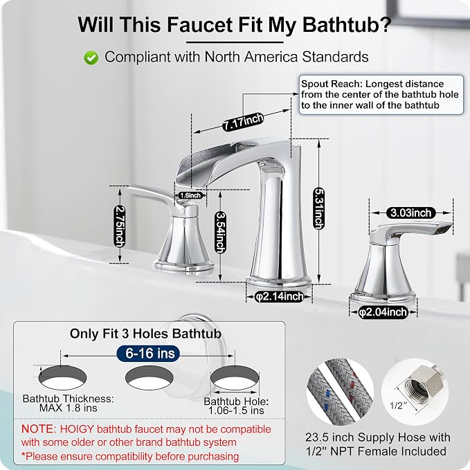 Widespread Waterfall Bathtub Faucet Set, Brass Chrome Roman Tub Faucet 3 Hole 8 Inch, 2 Handle Deck Mount with Supply Water Hoses for Garden Tub, Lifetime Use & 20 Mins Easy to Install