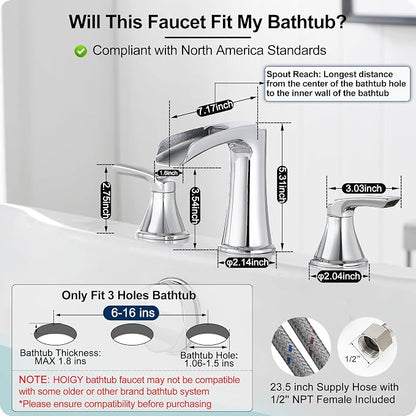 Widespread Waterfall Bathtub Faucet Set, Brass Chrome Roman Tub Faucet 3 Hole 8 Inch, 2 Handle Deck Mount with Supply Water Hoses for Garden Tub, Lifetime Use & 20 Mins Easy to Install