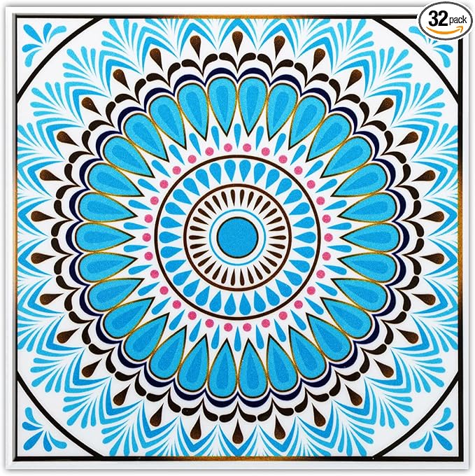 DICOFUN 32 Moroccan Tile Peel and Stick Backsplash, 6" x 6" Waterproof Mandala Stick on Wall Tiles (Style 9)
