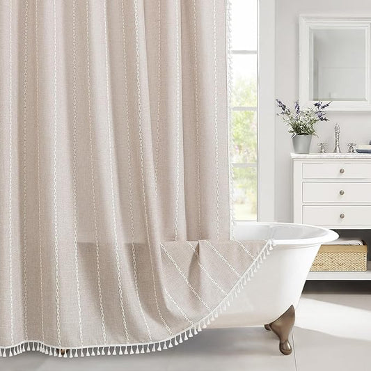MitoVilla Boho Long Shower Curtain 72 x 78, Farmhouse 78 inch Long Polyester Linen Fabric Shower Curtains with Tassel for Chic Cottagecore French Rustic Bathroom Decor, Tan Brown