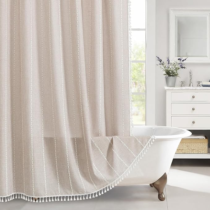 MitoVilla Boho Extra Long Shower Curtain 72 x 84, Tan 84 inch XL Polyester Linen Tassel Fabric Shower Curtain Set with Hooks for Vintage Country Farmhouse Bathroom Decor, Thick & Wrinkle Resistant
