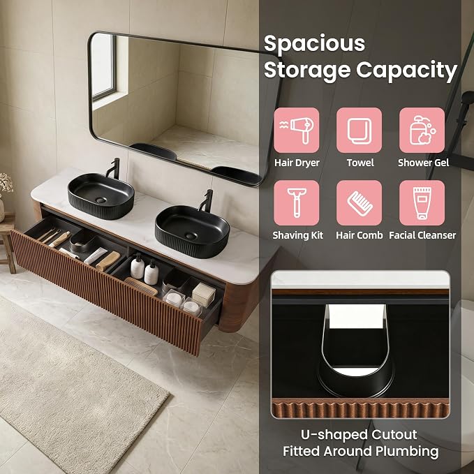 72" Floating Bathroom Vanity with Double Black Sink, Walnut | Pre-Assembled Fluted Wall Mounted Vanity with Ceramic Sink, Sintered Stone Countertop, Soft-Close Drawers & Towel Rack
