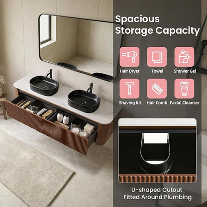 72" Floating Bathroom Vanity with Double Black Sink, Walnut | Pre-Assembled Fluted Wall Mounted Vanity with Ceramic Sink, Sintered Stone Countertop, Soft-Close Drawers & Towel Rack